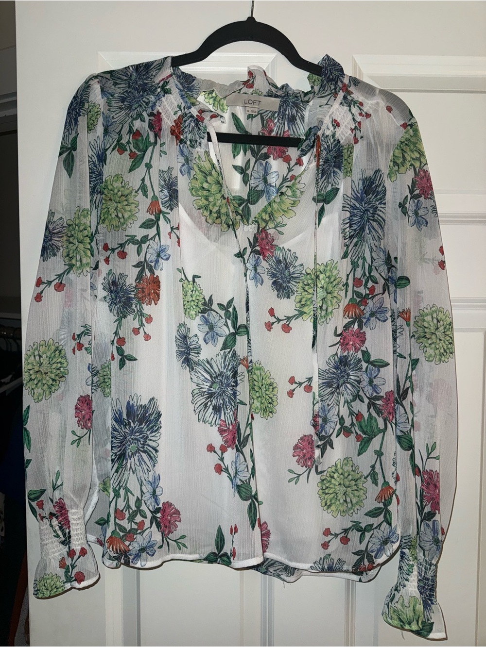 LOFT White Sheer Floral Tie-Neck Blouse with Green, Blue & Pink Flowers